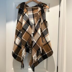 Plaid Fringe Vest - Brown, Black, White